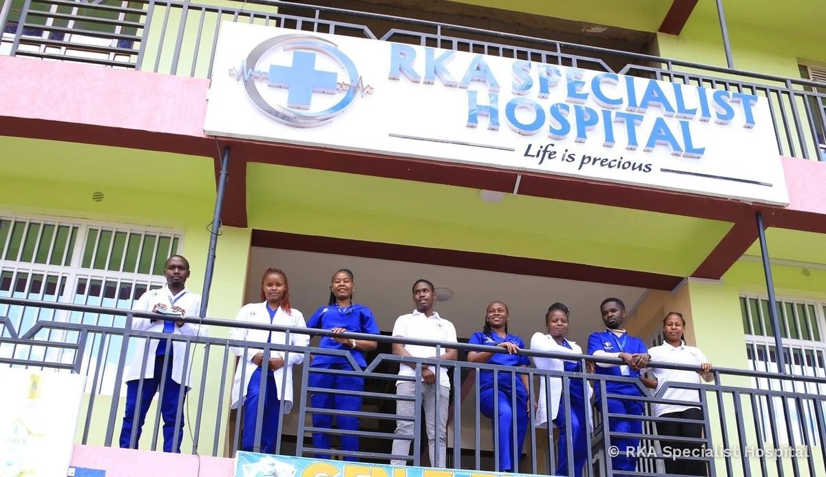 The clinical team of RKA Specialist Hospital on the balcony above the hospital entrance in Kabati, Kitui County